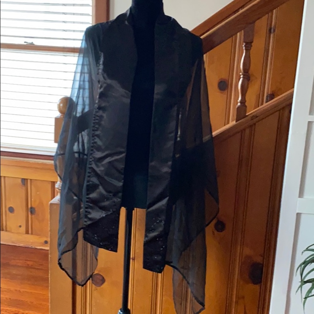 Long chiffon satin embellished shawl wrap worn 1X